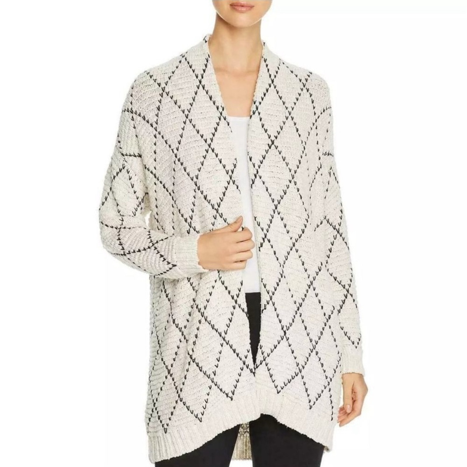 Eileen Fisher Diamond Kimono Cardigan L/Xl Soft White And Black Organic Cotton